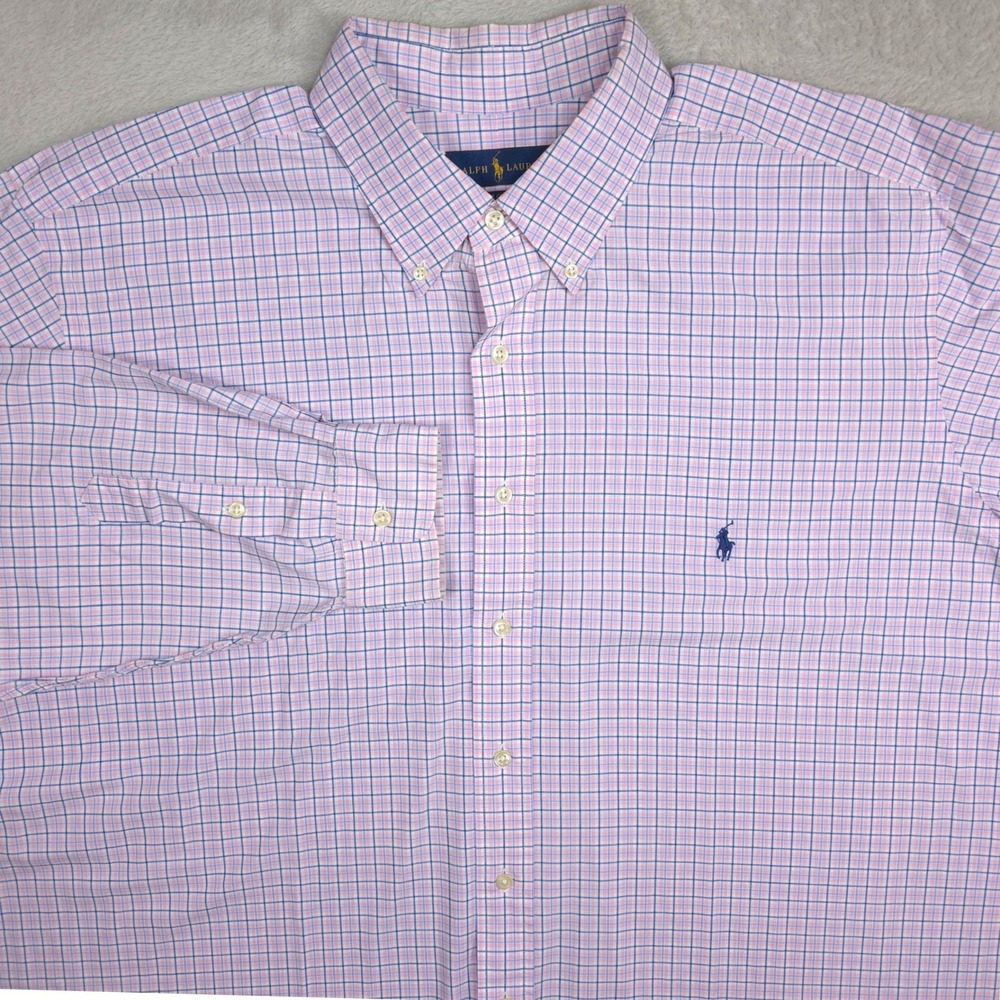 Ralph Lauren Shirt Mens 2XB Stretch Pink Blue Check Button Down Long Sleeve